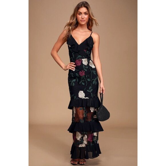Lulus True to Heart Floral Embroidered Maxi Dress Black Tiered Ruffle Maxi Small - Picture 1 of 16